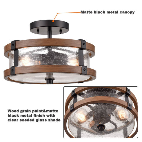 2-Light Farmhouse Wood Grain Paint with Black Metal Semi Flush Mount Ceiling Light with Seeded Glass